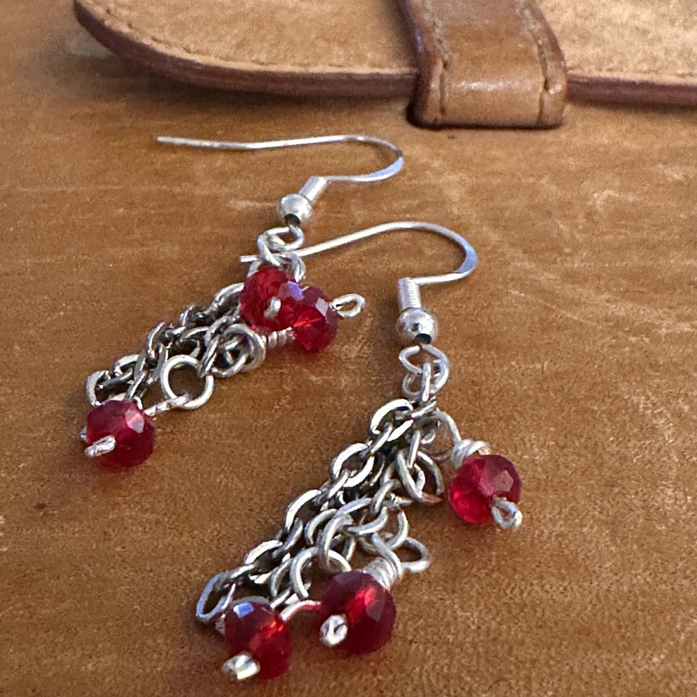 Silver Chain and Red Beaded Earrings
